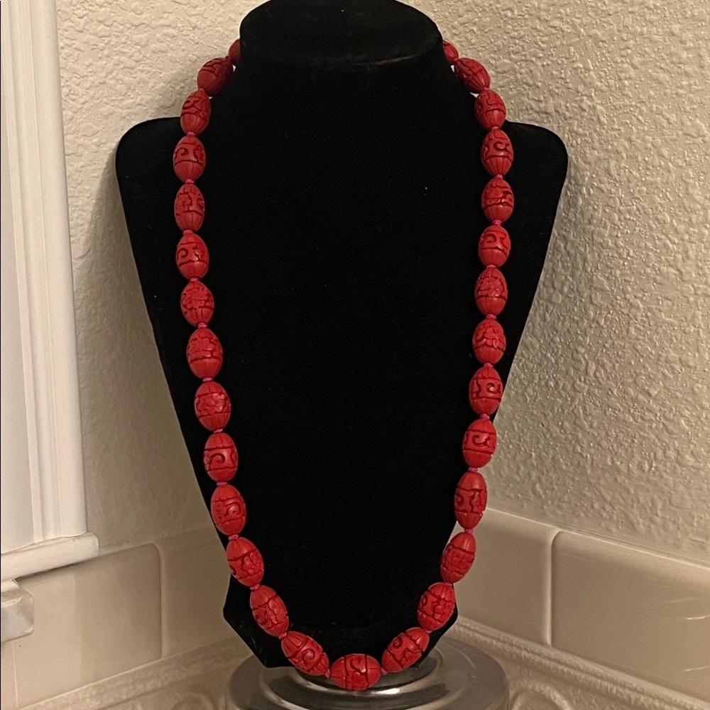 Cinnabar Beaded Necklace 24 inches with Silver clasp